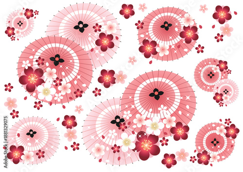 和傘と桜のアイコンセット、かわいい、和風、ピンク、イラスト