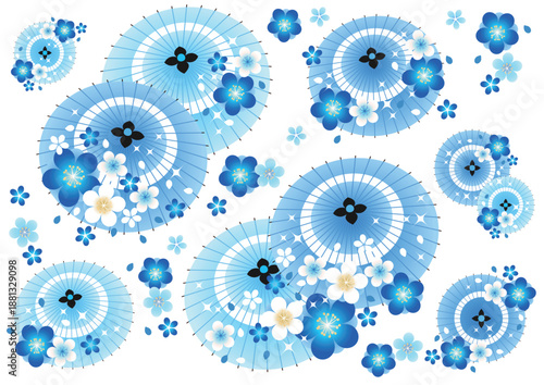 和傘と桜のアイコンセット、かわいい、和風、青、イラスト