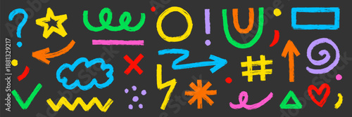 Brush stroke line abstract graphic shapes texture drawn paint set. Hand drawn sketch doodle scribble brush geometric kid color shape crayon. Abstract arrow, circle, zigzag vector illustration