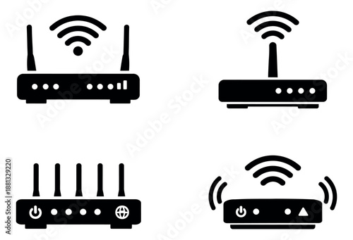 Modern icon WiFi router set featuring various wireless internet modem designs for technology and connectivity concepts