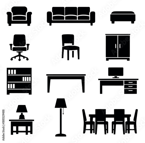 Iconic furniture set featuring various household and office items for interior design planning