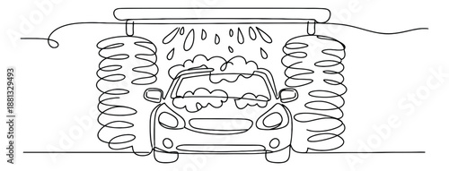 Continuous line art illustration of a car depicting being washed with soap and water for automotive service