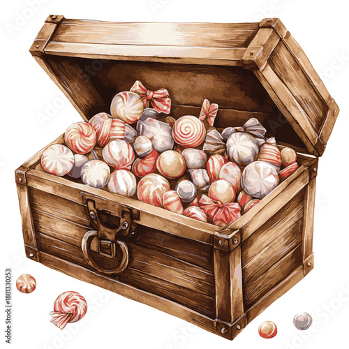 Watercolor Treasure Chest Overflowing with Colorful Delicious Candies and Lollipops , vector style simple color