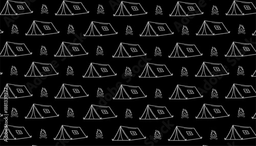 Camping Tent Seamless Pattern Monochrome Outdoor Background