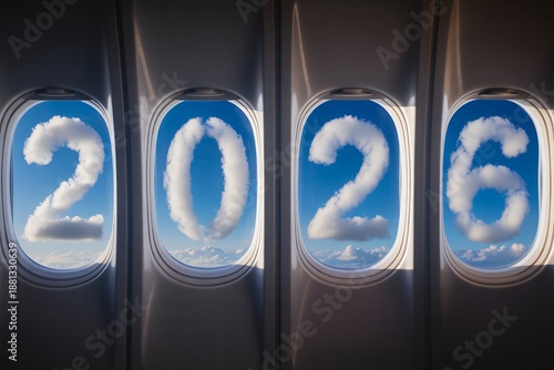 Four airplane windows frame a view of a bright blue sky scattered with white clouds. The fluffy clouds have been digitally arranged to form the number 2026 across the panes. 