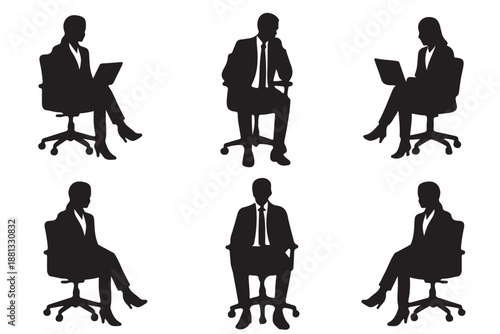 Diverse business people, men and women full length sitting on stool. Vector illustration isolated on transparent background. EPS 10.