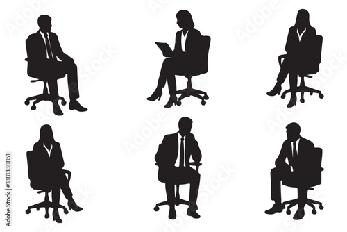 Diverse business people, men and women full length sitting on stool. Vector illustration isolated on transparent background. EPS 10.