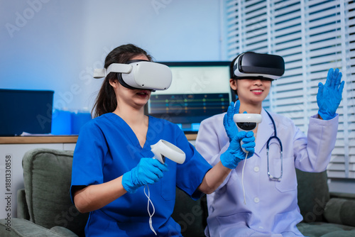 Two healthcare professionals use virtual reality headsets and motion controllers during immersive medical simulation training, showcasing innovative digital healthcare technology,teamwork,futuristic