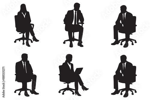 Collection of black color set people sitting on chairs, men and women in various poses isolated on white background. Vector Illustrations. EPS 10.