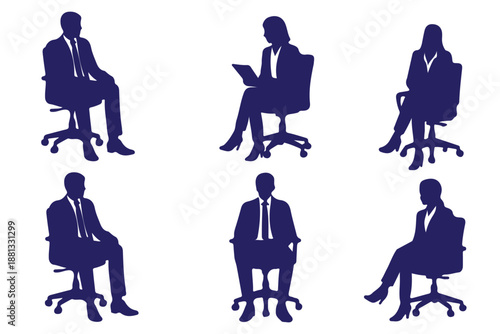 Set of people sitting on chairs with relaxed and thoughtful pose isolated on transparent background. Business people sitting, men and women sit on armchair.