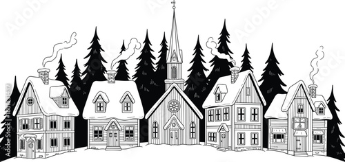 Winter village landscape with snow covered houses, cozy wooden cabins, pine forest trees, church, cad drawing flat vector illustration, seasonal.