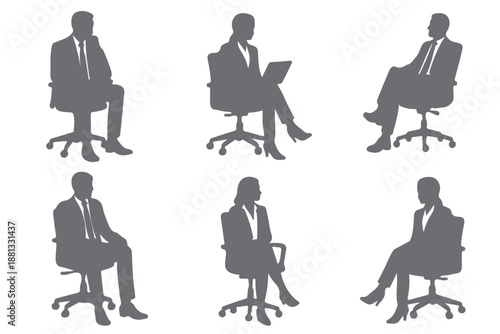 men and women sitting on a bench, different poses, a group of business people, large collection of people in various poses black color on a white background. Vector illustration, Eps 10.