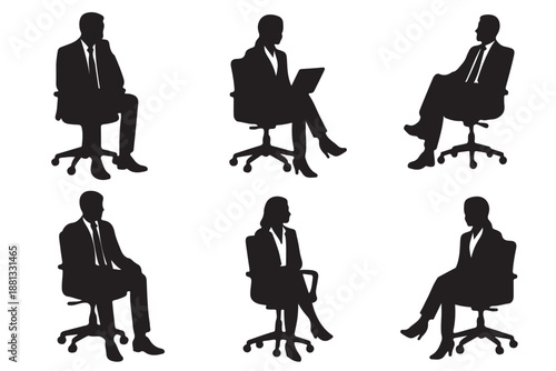 Business people sitting on conference or other meeting silhouette. Students sitting on the chairs . Black color set of men and women in various poses isolated on white background. EPS 10.