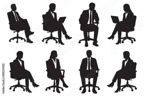 Business people sitting on conference or other meeting silhouette. Students sitting on the chairs . Black color set of men and women in various poses isolated on white background. EPS 10.
