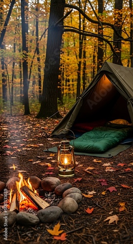 Wallpaper Mural Cozy autumn campsite illuminated by warm fire and lantern light among tall trees Torontodigital.ca