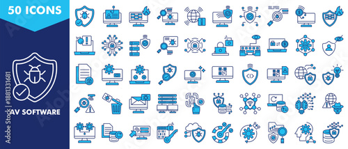 av software icon set collection. icon set contain anti malware, phishing, virus scan, cyber security, antivirus, cyber attack, antivirus solution. simple vector illustration.