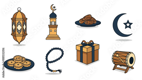 Ramadan Icons: Lantern, Mosque, Dates, Crescent Moon, Prayer Beads, Gift, Drum