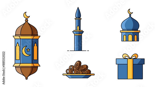 Ramadan Icons: Lantern, Mosque, Dates, Gift Box - Islamic Symbols