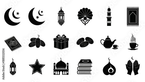 Ramadan Icons: Moon, Mosque, Lantern, Dates, Gift, Prayer Rug, Tea, Book