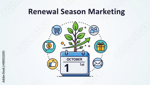 Renewal season marketing concept with calendar and growth icons on white background