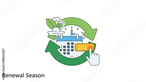 Renewal season concept with calendar clock and eco friendly elements for sustainability and planning