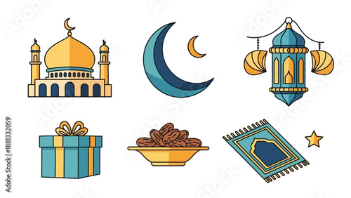 Ramadan Icons: Mosque, Crescent Moon, Lantern, Gift, Dates, Prayer Mat