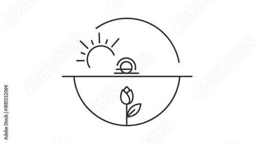 Simple line drawing of a sun rainbow and flower in a circle symbolizing hope and nature