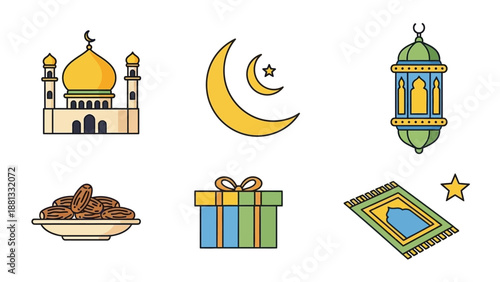 Ramadan Icons: Mosque, Crescent Moon, Lantern, Dates, Gift, Prayer Mat, Star