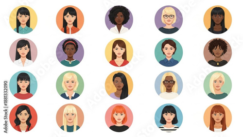 Diverse group of people with different ethnicities and ages in colorful circular avatars on white background for teamwork or community concepts