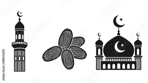 Ramadan Icons: Mosque, Dates, Crescent Moon - Islamic Symbols Vector Art