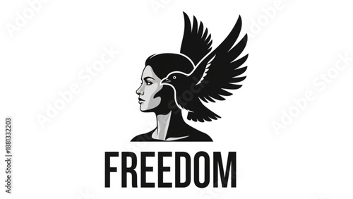 Woman's head with wings symbolizing freedom and empowerment on white background
