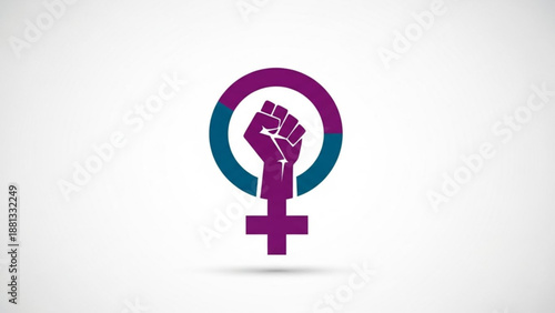 Female empowerment symbol with raised fist and venus sign in purple blue on white background for equality and feminism concepts