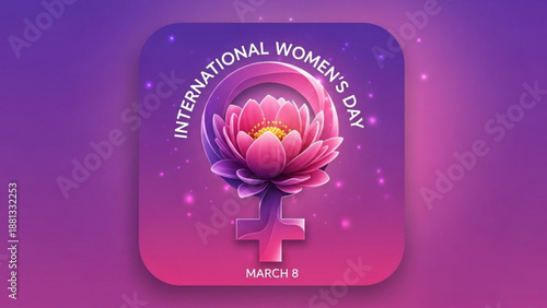 International women's day poster with pink lotus flower and female symbol on purple background