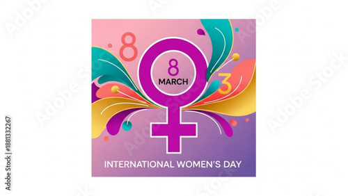 Vibrant international women's day poster with purple female symbol and colorful floral design on pink background