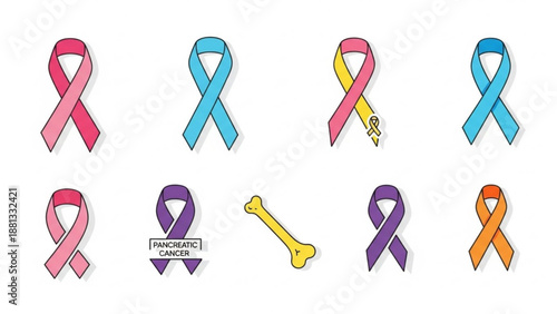 Colorful awareness ribbons for various causes on white background