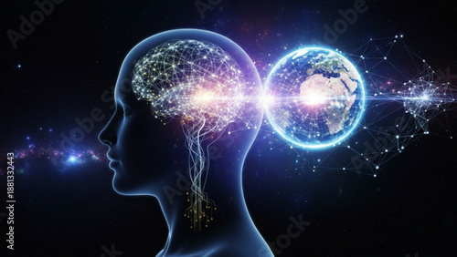 Human brain connecting to earth globe with sparkling neurons in space