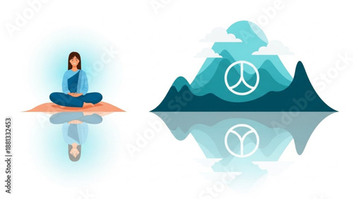 Woman meditates peacefully by serene mountain lake with reflection