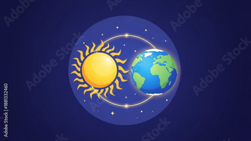 Vibrant illustration of sun and earth in space with orbiting path and stars