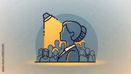 Woman with creative idea standing out from crowd symbolizing innovation and leadership in business or education setting with a large pencil