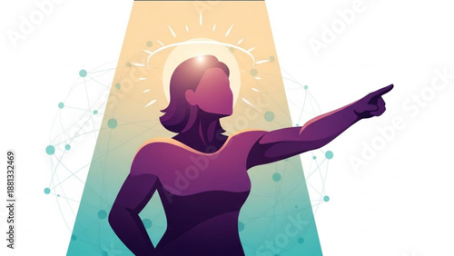 Woman pointing confidently towards future opportunities with optimism and determination in a vibrant gradient background