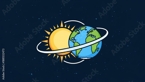 Earth and sun with orbiting ring in space symbolizing global connection and environmental awareness