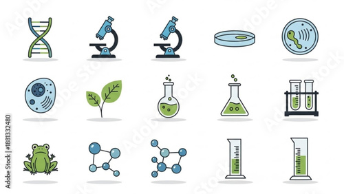 Science icons set with lab equipment and biology symbols
