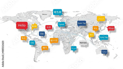 World map with colorful speech bubbles saying hello in different