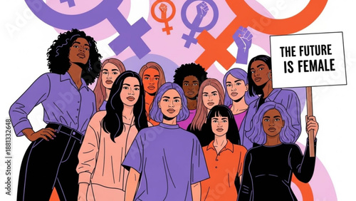 Diverse women protesting for female empowerment and equality together