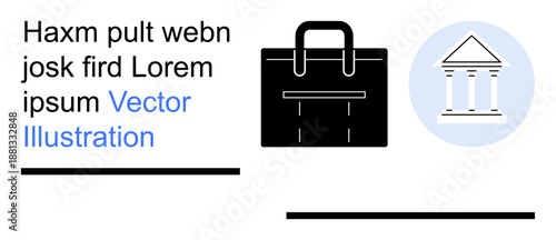 Corporate identity, financial services, banking, business tools, investment planning, education in economics. Minimalist briefcase and a bank icon. Corporate identity and financial services
