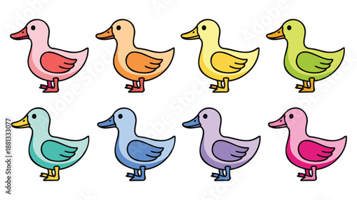 Eight Colorful Cartoon Ducks Standing in Two Rows, Vibrant Illustration