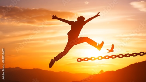 Wallpaper Mural Silhouette of man jumping over broken chain symbolizing freedom and success
 Torontodigital.ca