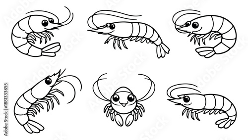 Cartoon line art shrimp set featuring happy crustaceans in various poses for food and marine life design