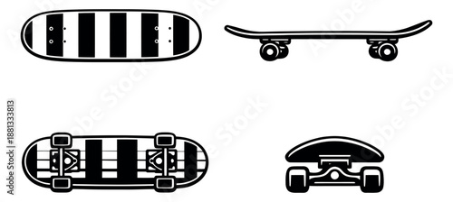 Line art skateboard views set featuring top, side, bottom, and front perspectives for sports design