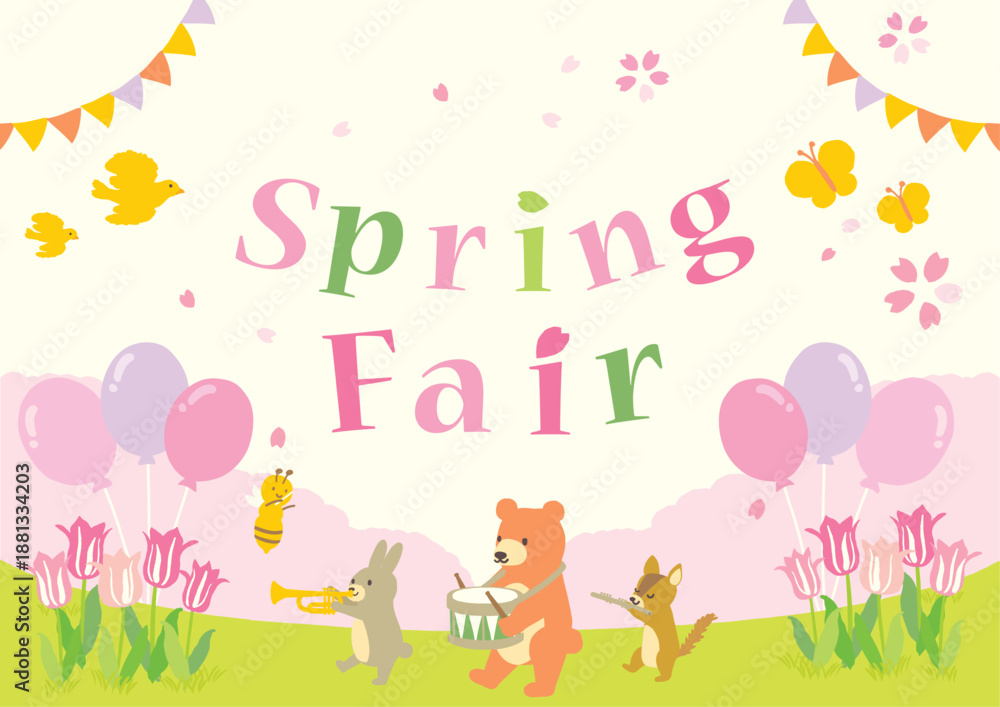 Fototapeta premium 春の風景イラスト 森のどうぶつ音楽隊